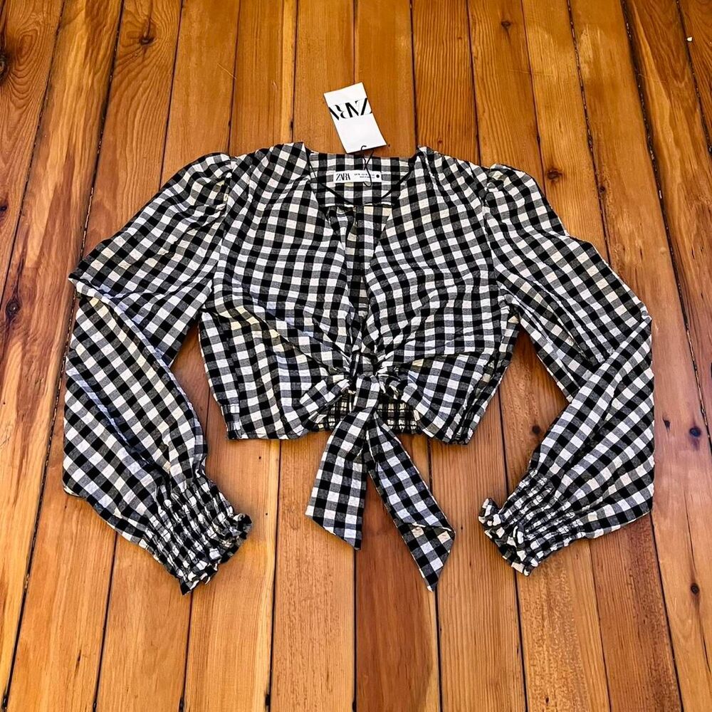 Zara Women's GINGHAM TIE FRONT LONGSLEEVE Crop-top